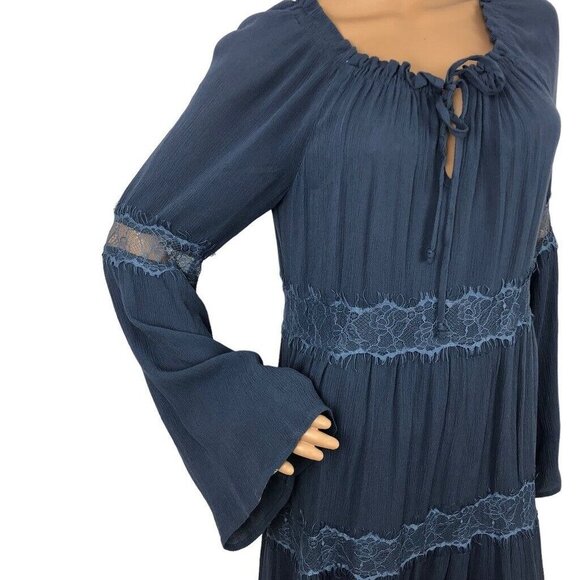 Socialite Boho Peasant‎ Dress Lace Long Flare Sleeves Cottagecore Mini Dress L - Picture 2 of 6